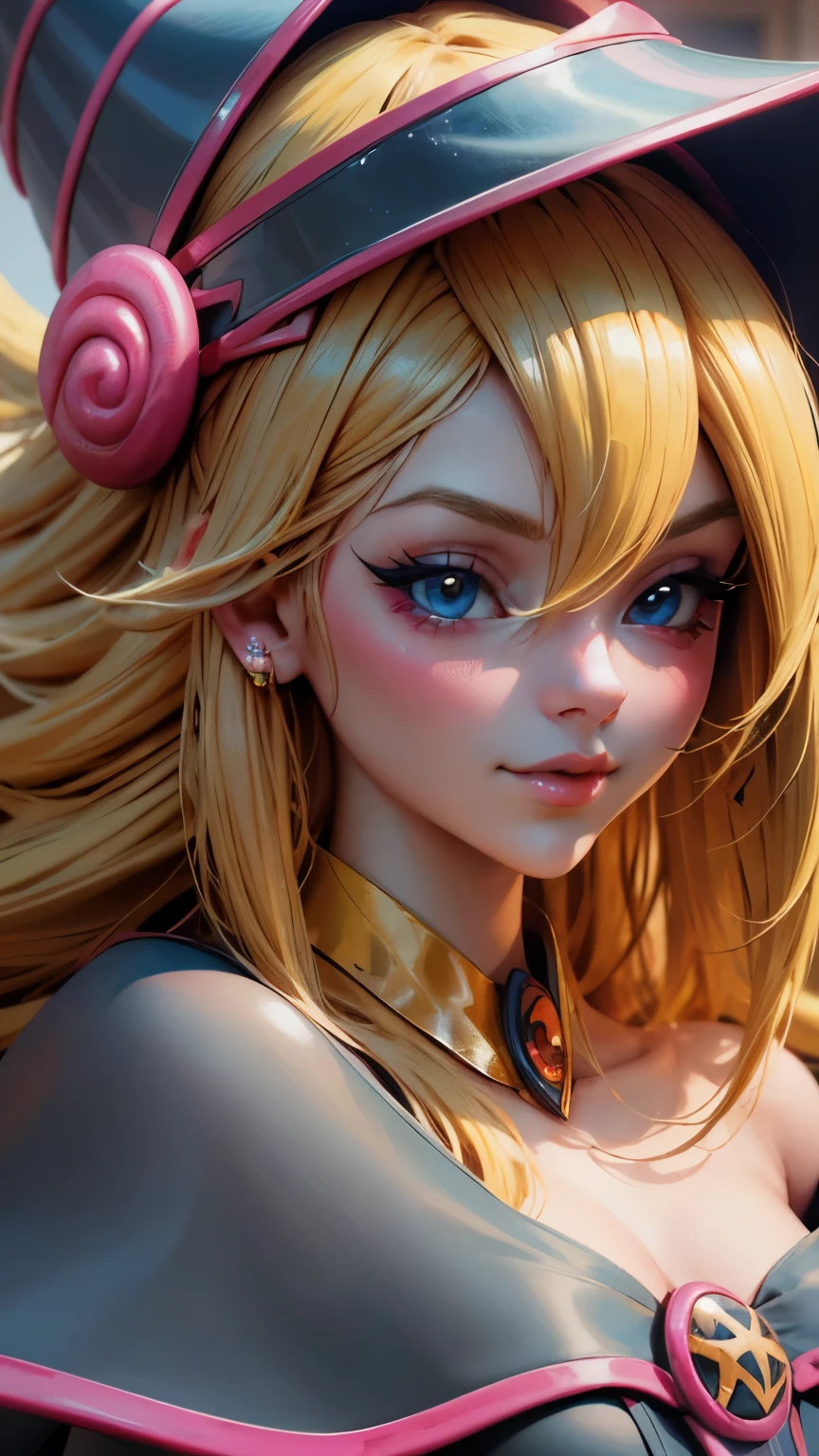 Shot of the beautiful face of dark wizard gils. Extra long eyelashes. blue eyes like crystal. brio in the eyes. pink lips. long blonde hair. exposed shoulders, angelic smile, beautiful well detailed face of the dark wizards gils. She is flirtatious with the viewer. Long and big eyelashes. Half body focus.