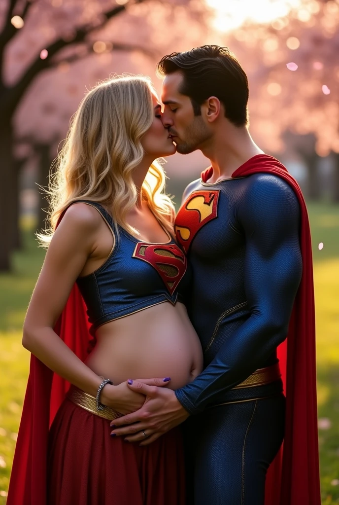 Super girl and superman are kissing, she is pregnant, intimate, bare belly, nine months pregnant, he is touching her belly