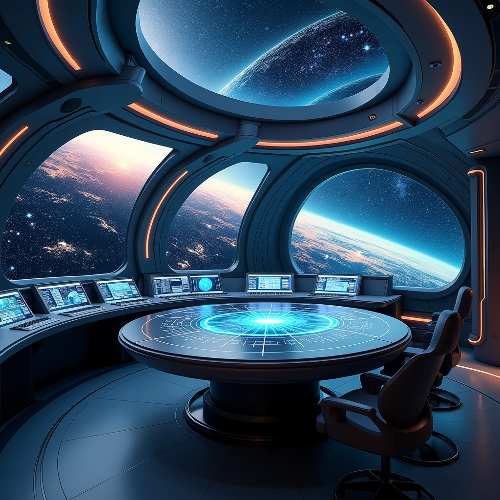 futuristic control room, interior of a space station, command center for an interstellar mission, sleek modern aesthetic, large curved window, panoramic view of cosmos, stars, planets, distant galaxy, advanced technology workstations, large screens displaying navigation, communication, critical space travel data, real-time information, circular table with holographic interface, collaborative workspace, soft ambient lighting, high technological sophistication, functionality, efficiency, concept design for science fiction, video game, themed attraction, immersive experience, spacecraft, space station operation