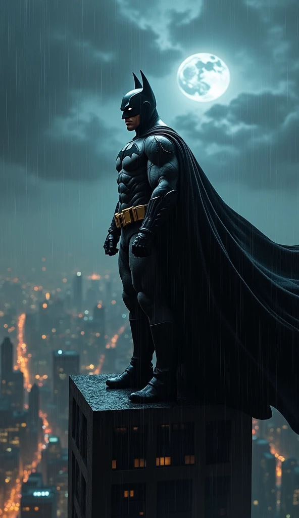 Batman stands on the edge of a towering Gotham skyscraper, his dark cape billowing in the night wind. The city below is a maze of glowing lights and shadows, but his figure is a silhouette against the stormy sky, embodying the very essence of the night. His cowl hides his face in darkness, save for the sharp intensity of his eyes, which burn with a relentless resolve. Raindrops begin to fall, tracing the contours of his armor, as the Bat-symbol on his chest gleams with quiet defiance. The scene is charged with a deep sense of duty and isolation, capturing Batman as the eternal guardian of a city that never sleeps—a lone figure burdened by the weight of his mission, yet unwavering in his pursuit of justice.