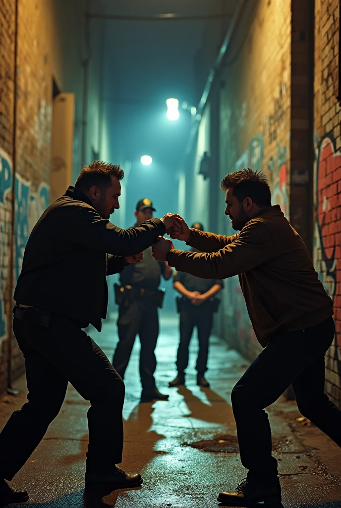 A very nervous man and his rival two fighting each other, A punch from both of them., two policemen looking at them stared, their fight began