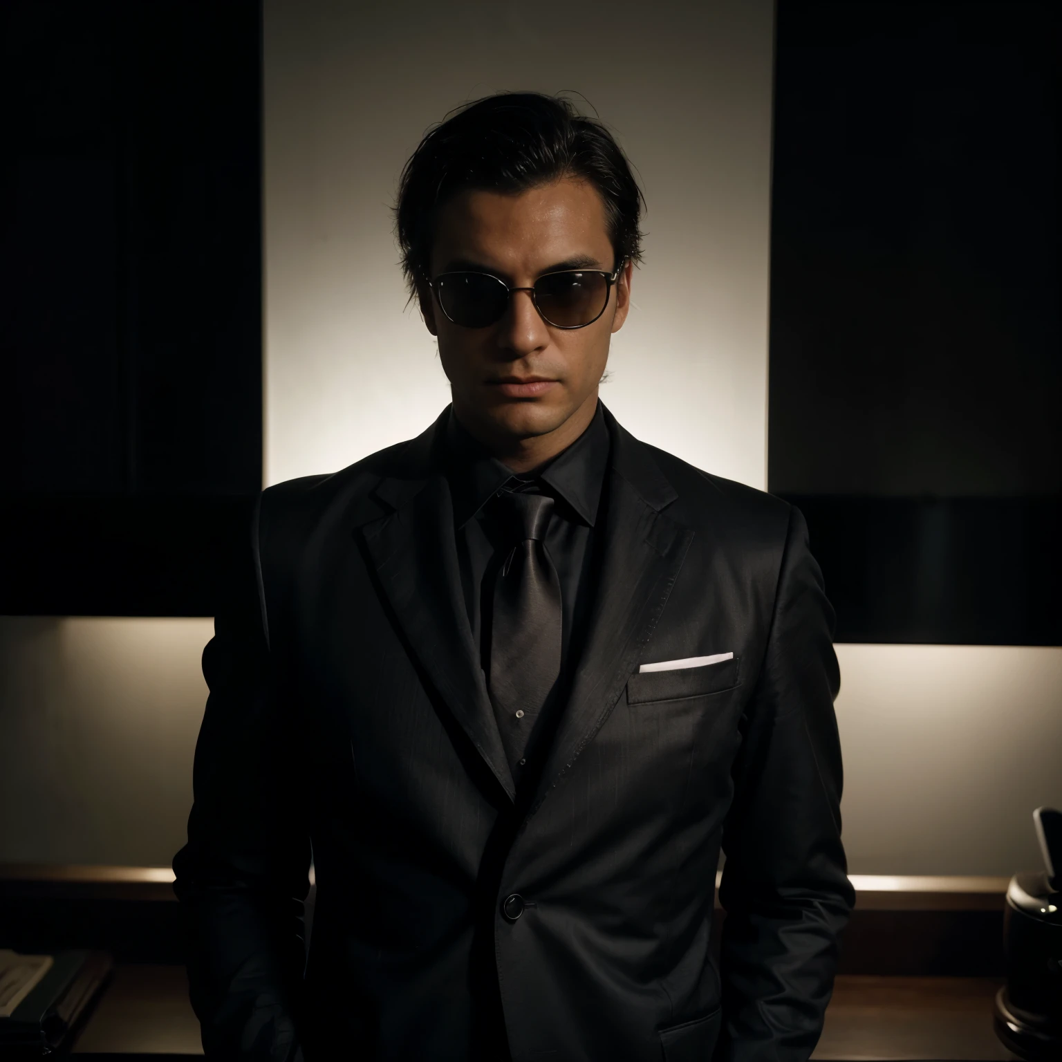 social maffia, bureau, business photo of lawyer (Man) with black sunglasses, extrem light from lamp, dark room