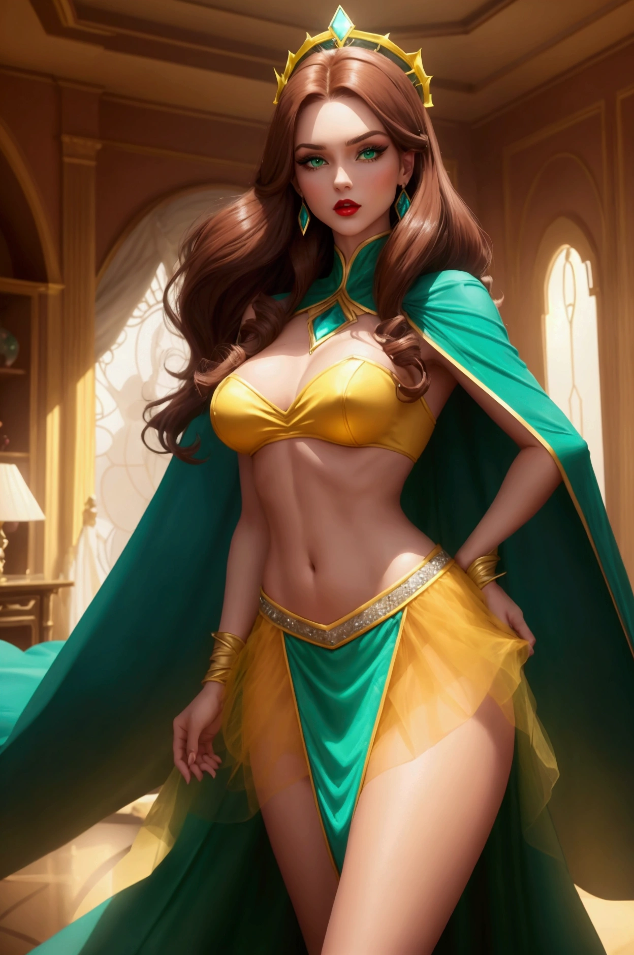 women   . green eyes red lips long brown hair  .  long diamond-colored skirt. yellow tulle   .turquoise cape.  tall athletic body slim waist medium breasts medium buttocks  .in a millionaire room 