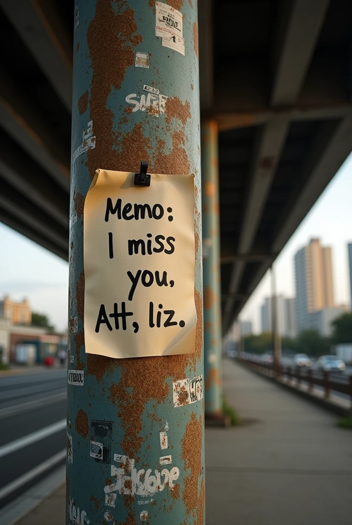 An image of a poster that says "memo i miss you att. liz" under a bridge