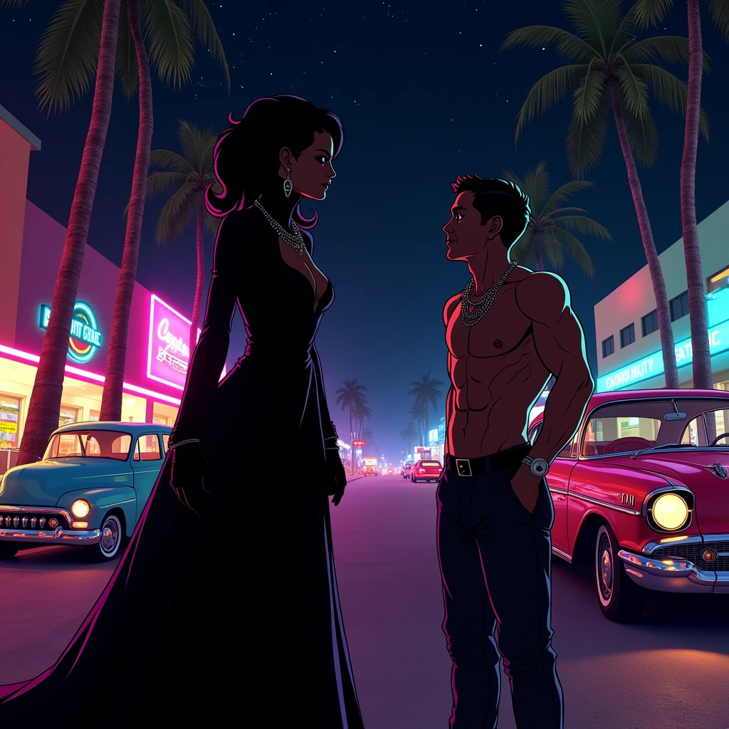 Black shadow of a woman in gothic clothing giving orders to a cartoon-style man, in Vice City GTA, Black night sky