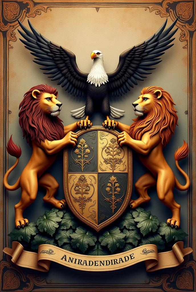Create an Andrade Family Coat of Arms, with 4 elements: LION, EAGLE, SHIELD.