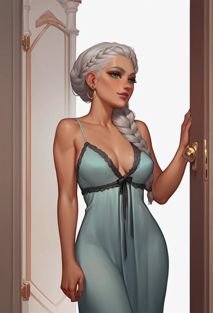 Woman, dark-skinned, 30years, gray braided hair. wearing a nightgown dress. defined body, abdomen due. Woman madura. You are opening the door to your house.