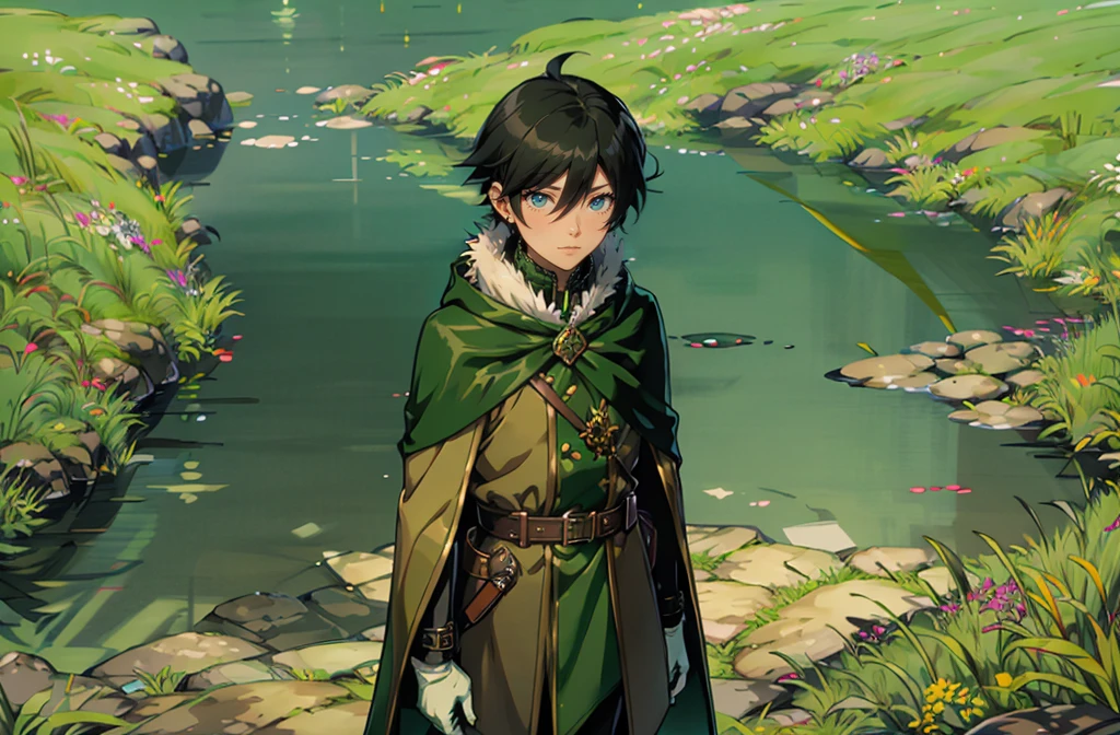 yuichiro hyakuya, (WithoutFear:1), 1 boy, black hair, green eyes, brown coat, gray armor, green shield, green cloak, dark brown gloves, town, white fur trim, tall, anime, standing, good quality, portrait, looking at viewer