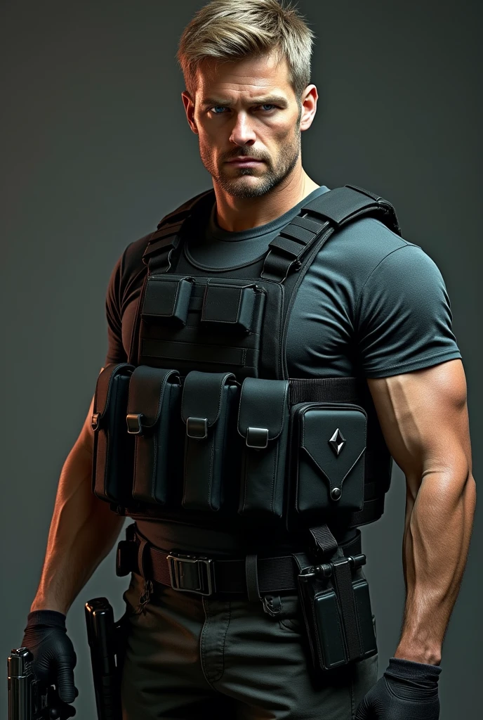 Create a hyper-realistic image of Leon Scott Kennedy, a seasoned special agent in his mid-30s, with sharp, determined blue eyes and short, dirty-blonde hair. He has a rugged, yet focused expression, with subtle stubble lining his jaw. Leon is wearing his iconic tactical outfit: a form-fitting, dark grey t-shirt underneath a black bulletproof vest adorned with various pockets and straps, fingerless gloves, and dark cargo pants with a holster on his right thigh. His boots are heavy and worn from countless missions. He stands in a ready position, holding a sleek, modern handgun in one hand, his posture conveying both confidence and alertness. The lighting highlights the realistic textures of his outfit and the subtle wear and tear on his gear, emphasizing his experience as a skilled and battle-hardened operative