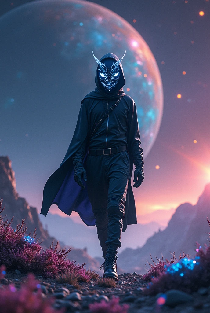 A young man with a mask and white eyes walking on the planet in space