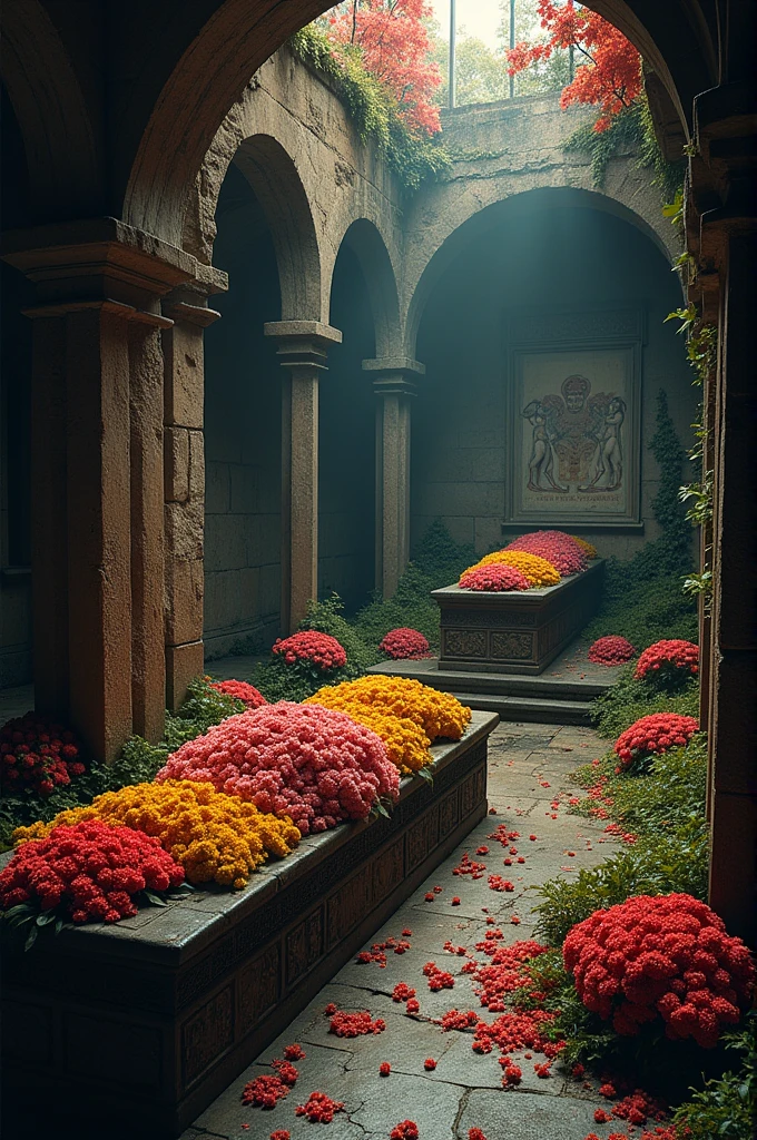 A tomb full of flowers