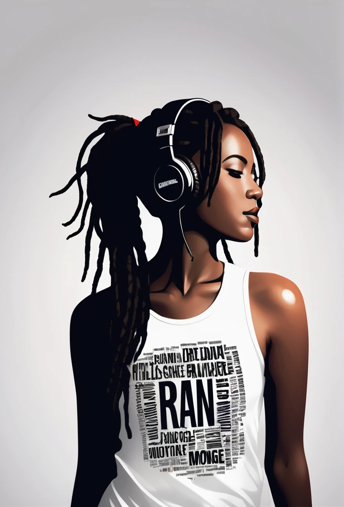 Creative logo illustration of a silhouette with dreadlocks and red headphones, Lock, Monochrome, Digital art style featuring words ( ran) By Dan Mumford, Carne Griffith, Jen-Pierre Monge, sketch, High resolution, clean, Smooth, Negative Space, tshirt design、Background with various scattered musical notes、