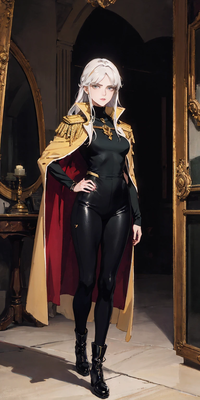 A woman with long platinum blonde hair, choppy bangs, arched crescent eyebrows, sharp and determined eyes, a delicate oval face, a serious expression, a fantasy-style dark green military coat, draped with a dark red cloak, military trousers, leather combat boots, silver greaves leggings, one hand on her hip, standing in a spacious training ground, this character embodies a finely crafted fantasy-style female military officer in anime style, exquisite and mature manga art style, pale skin, high definition, best quality, highres, ultra-detailed, ultra-fine painting, extremely delicate, professional, perfect body proportions, golden ratio, anatomically correct, symmetrical face, extremely detailed eyes and face, high quality eyes, creativity, RAW photo, UHD, 32k, Natural light, cinematic lighting, masterpiece-anatomy-perfect, masterpiece:1.5