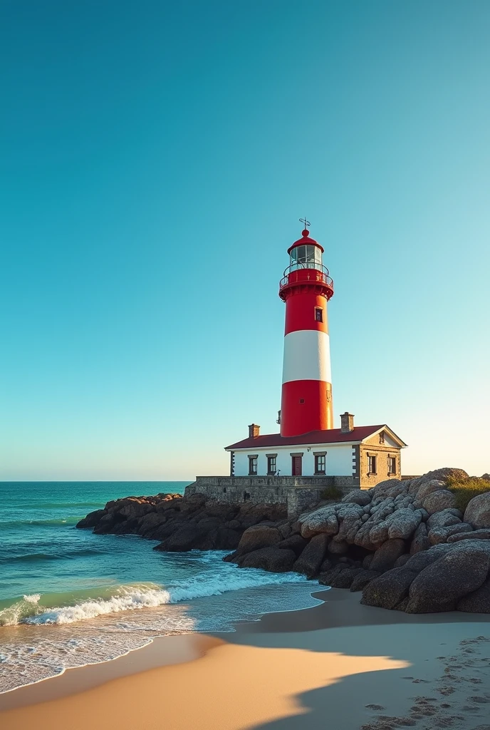 Red and white lighthouse in the sea white area Brazil northeast without birds in the sky