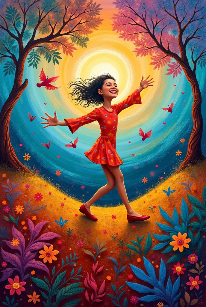 Create a work of art from the avant-garde of expressionism that expresses happiness in man