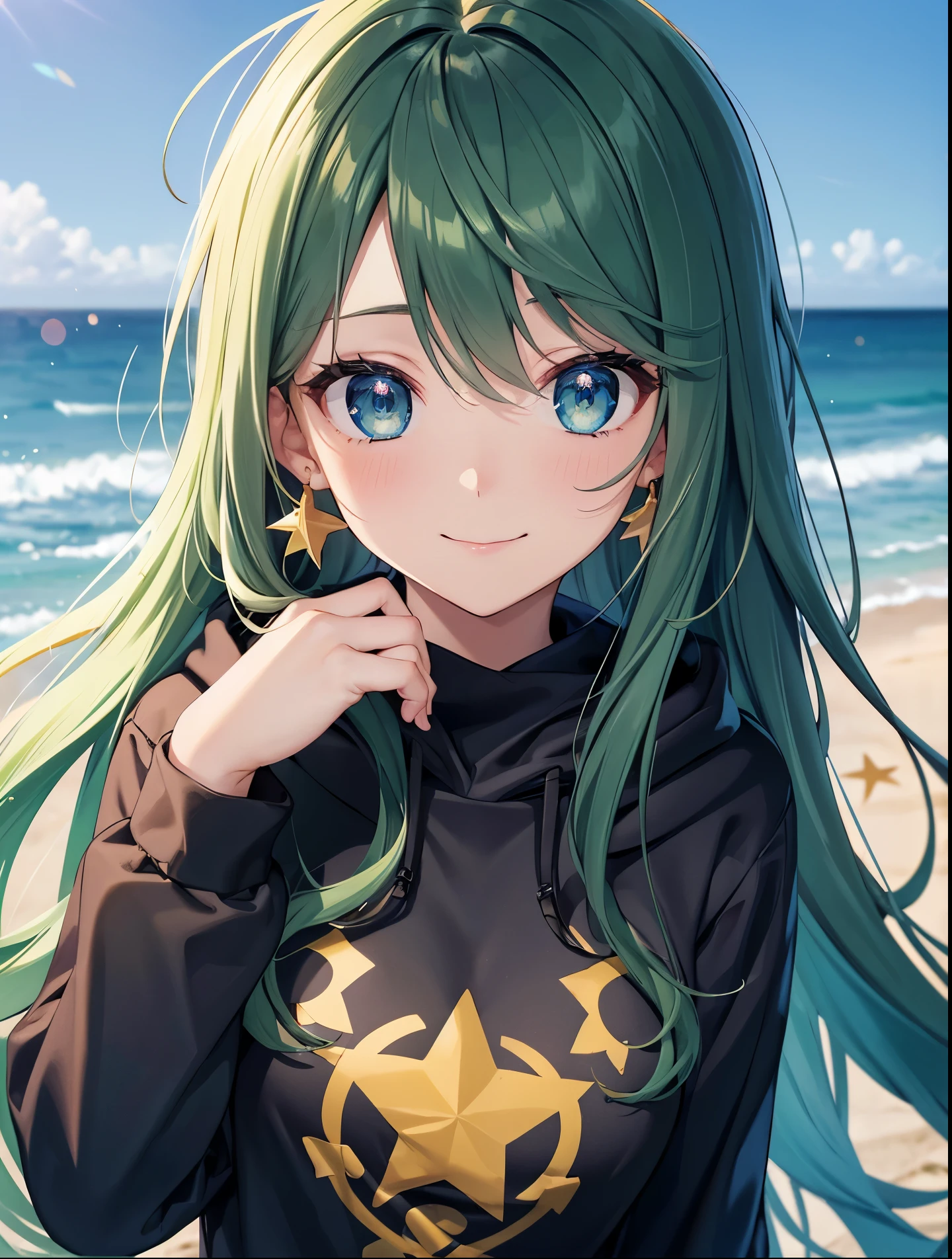(hands on head) (par on hands) ((voluminous dark green hair)), dark dark green hair color emphasis, front view, upper body visible, dark dark dark green hair color emphasis, long straight hair, large (droopy) eyes, blue eyes, kind young pretty face, kind droopy eyes, wearing vermilion hoodie, star pattern on hoodie, sign in background, go and 5 sign, shy, smiling without opening mouth, big golden star earrings, golden hair clip, sparkling eyes, walking on beach, face focused, fresh smile, green floral hoodie, (in dark room), high quality, golden number 5 Earrings, droopy eyes, blue eyes, face close-up small breasts, hands, background without shadow, high quality, Focus on face.
