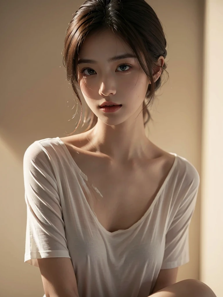 Highest quality、masterpiece、Ultra-high resolution、(Realism:1.4)、 1 person、In a pale background、Deep Shadow、Low Key、Shortcuts、Upper Body、sex appeal、Wearing a thick T-shirt、Cosmetic CM