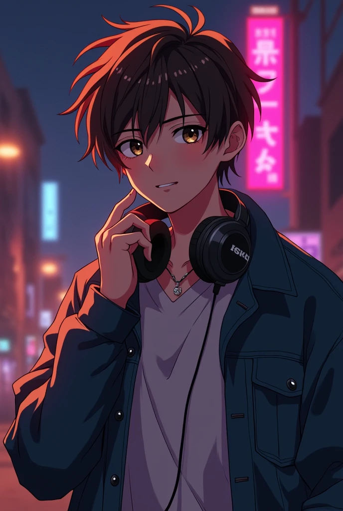 A 90s anime character, a man with brown hair, wearing headphones, standing against a dark background.