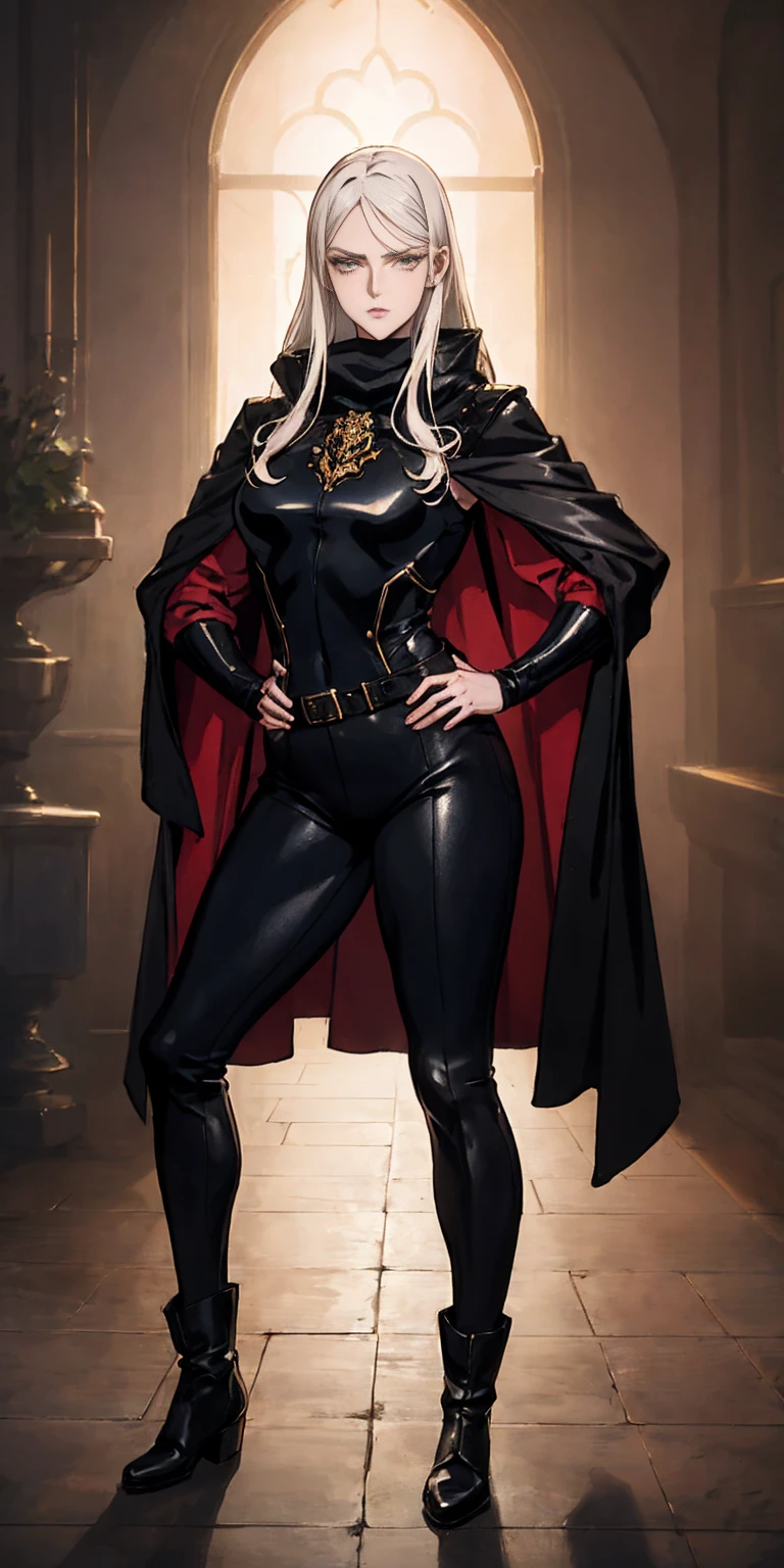 A woman with long platinum blonde hair, choppy bangs, arched crescent eyebrows, sharp and determined eyes, a delicate oval face, a serious expression, a fantasy-style dark green military coat, draped with a dark red cloak, military trousers, leather combat boots, silver greaves leggings, one hand on her hip, standing in a spacious training ground, this character embodies a finely crafted fantasy-style female military officer in anime style, exquisite and mature manga art style, pale skin, high definition, best quality, highres, ultra-detailed, ultra-fine painting, extremely delicate, professional, perfect body proportions, golden ratio, anatomically correct, symmetrical face, extremely detailed eyes and face, high quality eyes, creativity, RAW photo, UHD, 32k, Natural light, cinematic lighting, masterpiece-anatomy-perfect, masterpiece:1.5