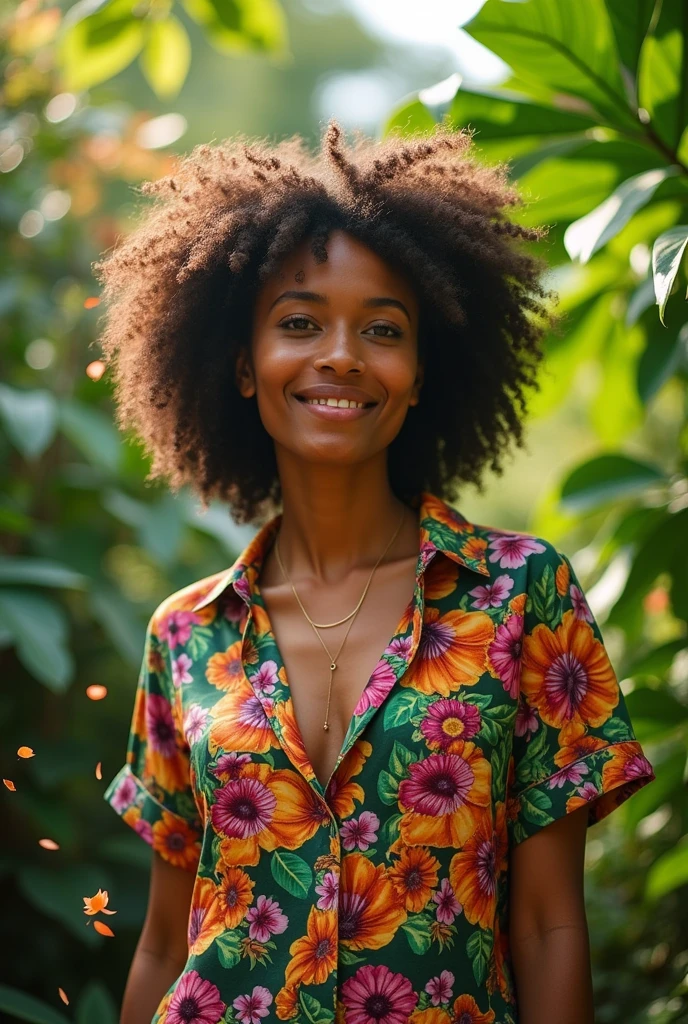 A Brazilian woman in a lush tropical garden, wearing an open shirt with a floral print, with a close-up capturing the harmonious beauty between her breasts and the natural flowers, showing off your natural charm and outgoing personality.