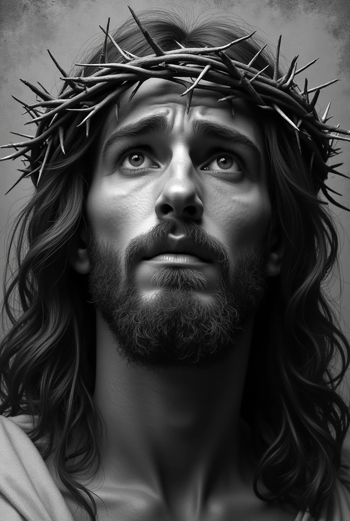 uma foto em preto e branco de um homem com uma crown of thorns na cabeça, jesus Cristo, ✏️🎨, crown of thorns, hyper realism renaissance art, Directed by: Jan Kupecky, Retrato de jesus Cristo, highly detailed fine art, incredibly detailed oil painting, hyperrealist highly intricate, Directed by: Cristofano Allori, jesus