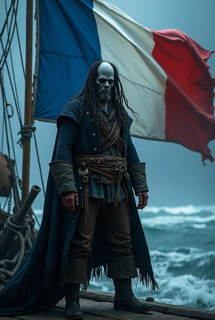 Davy jones pirates des caraïbe  avec le drapeau  de la france en gros plan derrière 