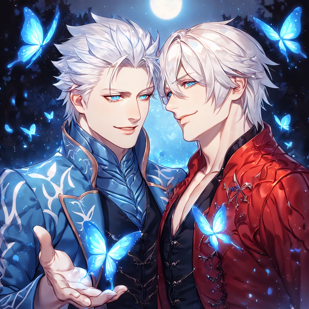 absurdres, highres, ultra detailed, HDR, master piece, best quality, Vergil, white hair, expressive blue eyes, Devil May Cry, Dante, white hair, expressive blue eyes, two sexy men together, yaoi, gay couple, handsome, smile, manly man, red coat, black vest, unbuttoned, blue coat, magical, fantasy, under a blue tree, blue flames, blue moon, blue fireflies, blue roses, blue butterflies, glass magic