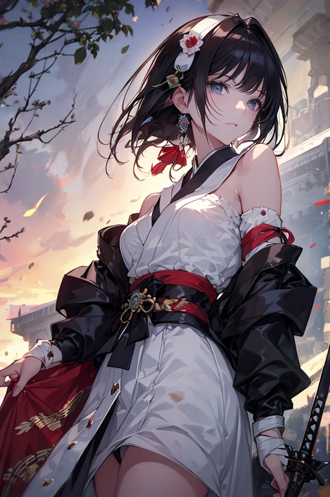 (Highest quality、High resolution、8k、mysterious、masterpiece:1.2)。Yoshitaka Amano-style depiction。Yamada Asaeemon。she、The role of testing swords in the Edo period。Dark circles under the eyes。A crisscross pattern on the back to roll up the sleeves。First to behead、assassination、Executioner。A long Japanese sword on his waist。The gleam in his eyes is gone、Hollow。ただし誰が見てもshe剣の達人で、There is a sense of determination that leaves no room for doubt。White hair from stress、Unkempt hair and quite large。She is certainly attractive as a woman。Bandages wrapped around wrists and ankles、Samurai clothing。Samurai。