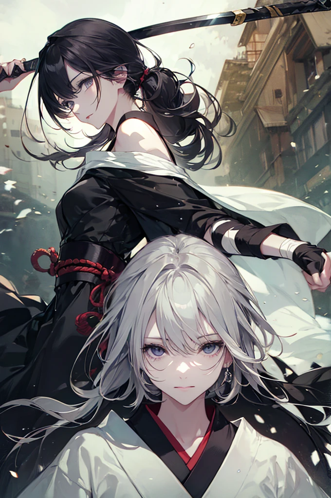 (Highest quality、High resolution、8k、mysterious、masterpiece:1.shitaka Amano-style depiction。Yamada Asaeemon。she、The role of testing swords in the Edo period。Dark circles under the eyes。A crisscross pattern on the back to roll up the sleeves。First to behead、assassination、Executioner。A long Japanese sword on his waist。The gleam in his eyes is gone、Hollow。ただし誰が見てもshe剣の達人で、There is a sense of determination that leaves no room for doubt。White hair from stress、Unkempt hair and quite large。She is certainly attractive as a woman。Bandages wrapped around wrists and ankles、Samurai clothing。Samurai。