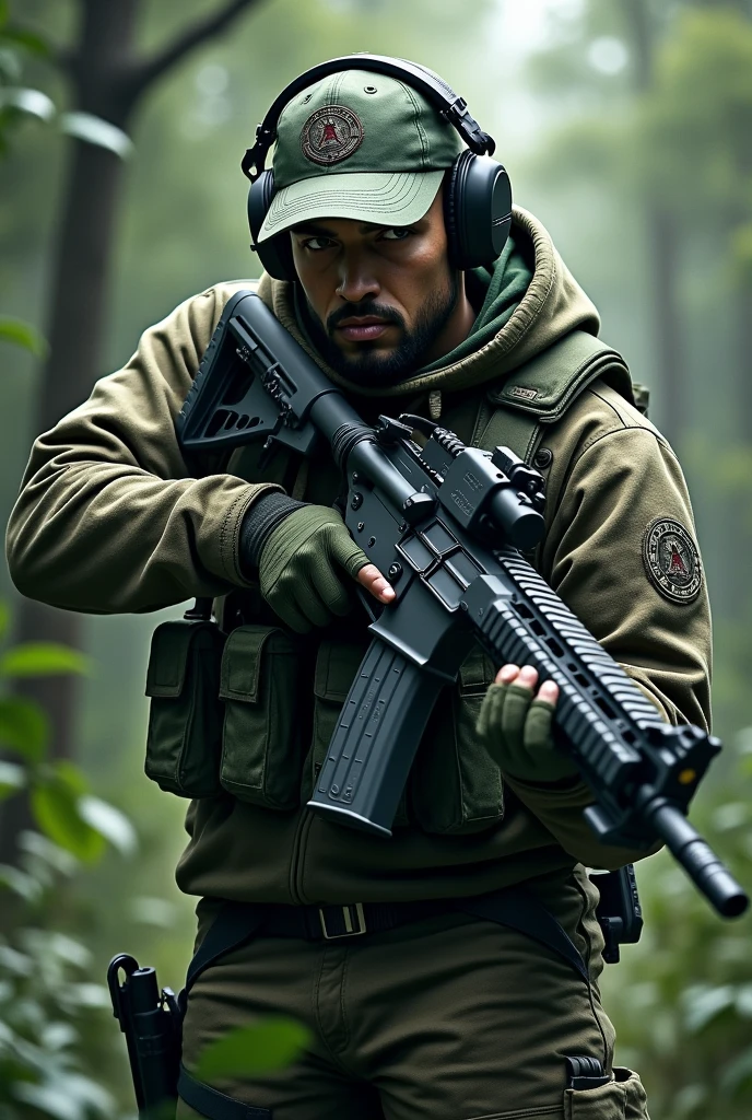 hexagonal rubber patch camouflage background m4 rifle weapon Airsoft operator with name Lukinha airsoft Airsof operator wearing cap and headphones