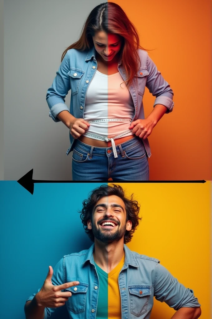 Divided horizontal image showing a metaphor for weight loss. In the top half, a person, looking frustrated, is trying to close a pair of jeans that won't button or is holding a tape measure tightly around their waist. The background is grey and desaturated, symbolizing frustration. In the bottom half, the same person is smiling and relaxed, wearing well-fitting clothes. The background is vibrant and colorful, symbolizing positive change. A bottle of Ozenfit Caps is prominently displayed next to the person in the bottom half. A curved arrow or pathway connects the top and bottom halves, representing the journey from the problem to the solution with the help of Ozenfit Caps. The top text reads 'Lutando para Fechar Aquele Jeans?' and the bottom text reads 'Descubra a Ajuda que Você Precisa com Ozenfit Caps!' Use contrasting colors to clearly differentiate the problem and solution sections."
