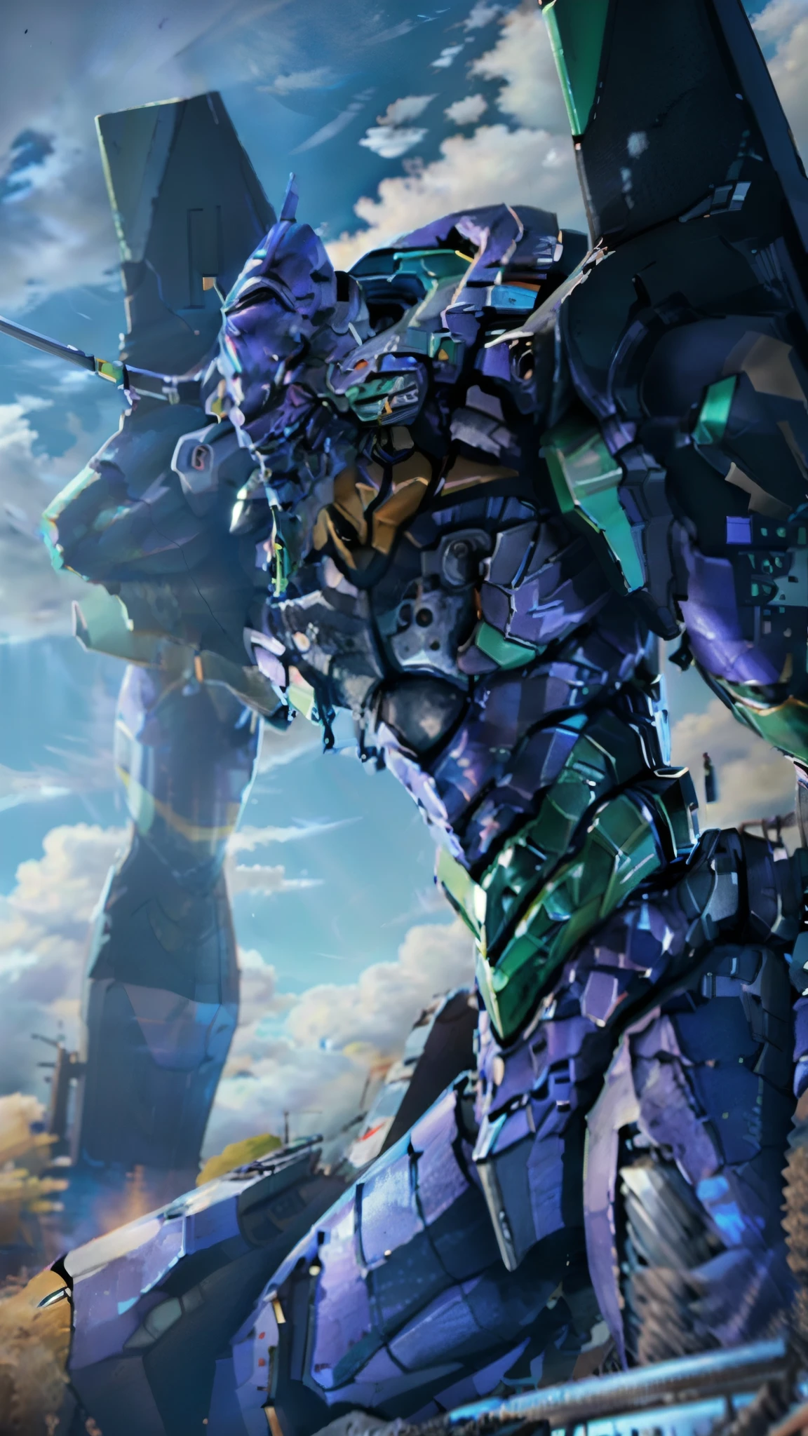 ((eva 01), evagod:1.1), evagenlion, Concept Design, sci-fic character design, SCIENCE FICTION, giant robot, advanced metal and Ceramic Mecha, Accurate EVA 01 head details, high-tech, huge android, (outdoors, sky, clouds), global illumination, rim light, octane rendering, ray tracing, 4k, Best quality, masterpiece, high res, highly detailed, scientific anatomy, carbon fiber, anium alloy, hyperrealistic, anatomical, beautiful Tokyo-3 background, CG, unity, wallpaper, Futurism, epic sense, doomsday, sci-fi fighter, giant machinery, correct perspective