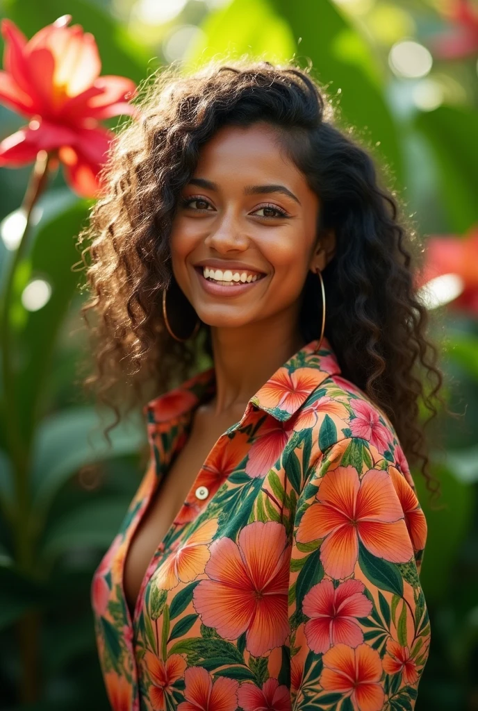 A Brazilian woman in a lush tropical garden, wearing an open shirt with a floral print, with a close-up capturing the harmonious beauty between her breasts and the natural flowers, showing off your natural charm and outgoing personality.