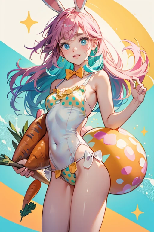 Fluffy has yellow skin with a pink nose, pink lips, blue eyes, whiskers and freckles, and brown eyebrows. Her aqua-colored hair is worn loose around her bunny ears and down to her hips. She has a bunny tail.
She wears a molded-on pink swimsuit with a carrot and yellow polka dot pattern on it. There's a yellow portion painted onto her swimsuit with a green band at the top that also has a carrot and polka dot pattern but the polka dots are pink and yellow. SPARKLE; GLITTER
