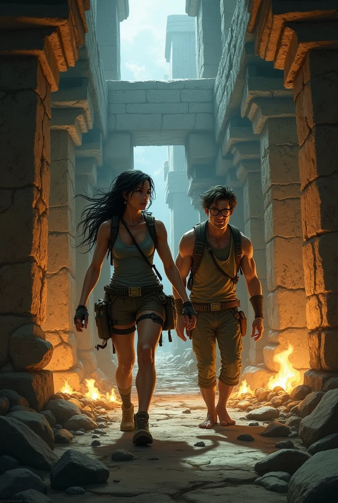 Lara and Max escape from the temple while avoiding dangerous traps