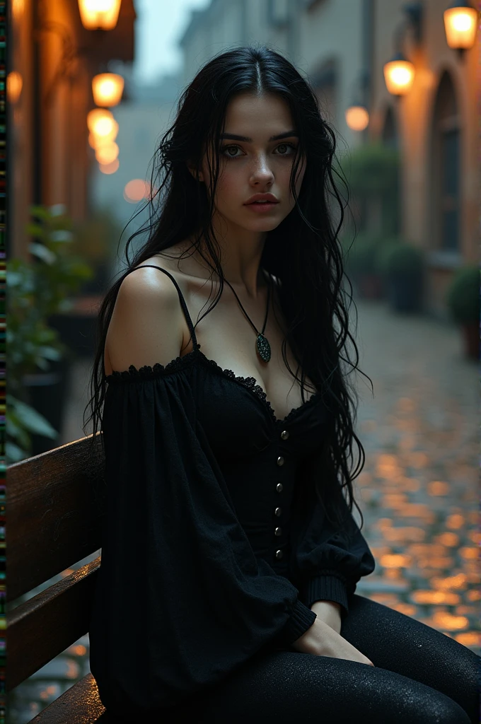 A breathtakingly realistic and ultra-high-definition 16k image captures a gothic beautyfull woman with wet, glistening skin. Her long, raven-black hair flows gracefully down her shoulders, striking a contrast against her glowing black Gown. The iconic black long shoes complete her unique ensemble. Perched on a wooden bench in a dimly-lit square, she is bathed in realistic lighting th