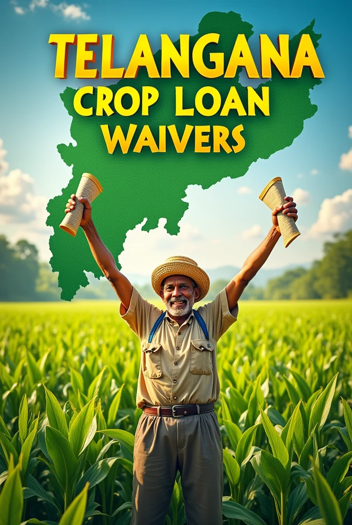 For a thumbnail on the topic "Telangana Crop Loan Waiver," here's a prompt you can use:
"Create a vibrant and eye-catching thumbnail featuring the map of Telangana with bold text 'Telangana Crop Loan Waiver' prominently displayed. Include imagery of a happy farmer holding documents symbolizing loan waiver approval. In the background, show green fields or crops to signify agriculture. Use colors like green, yellow, and white to give a positive and hopeful vibe. Make sure the text is clear and stands out against the background."