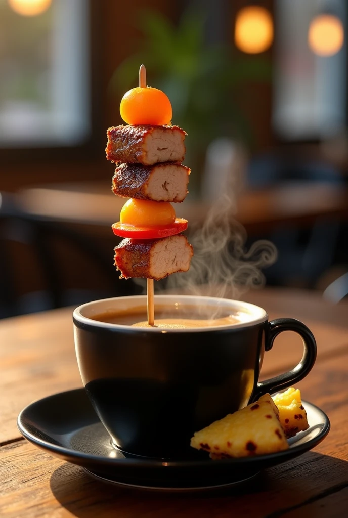 Una taza de café negro con un pincho con 4 trozos de cerdo primero va un piece of meat después una roda de zanahoria, piece of meat, sweet chili slice, piece of meat, Onion roses, piece of meat, with a small 10-centimeter tortilla and a small 5-centimeter triangle of grilled pineapple