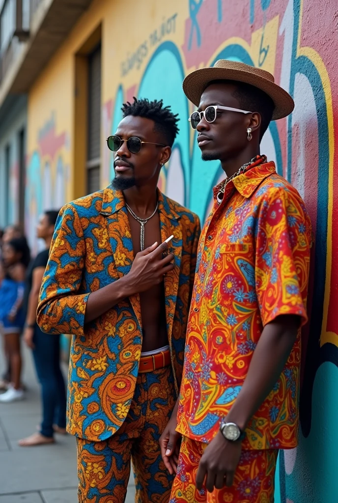 Two men using a cigarette and funk clothes looking at four