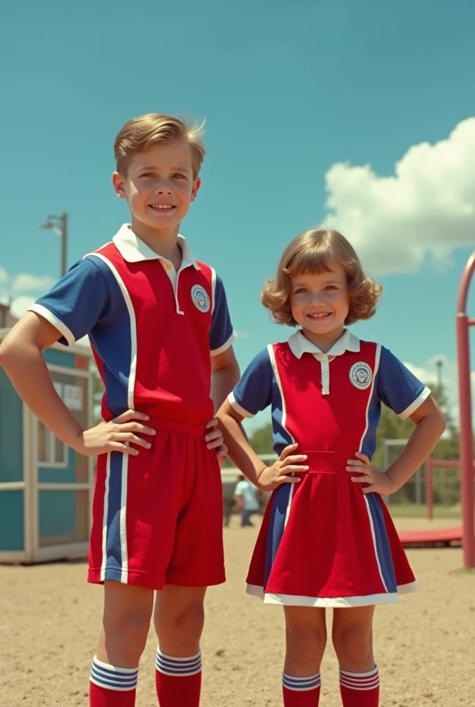 Boy and girl in vintage sports uniform in red colors, blue and white.