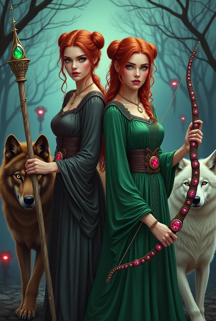 Cover for a fantasy book featuring two sorceress sisters with long red hair and green eyes, one of them carries a staff with an emerald on the tip and has her hair tied in two buns; and the other carries a bow and arrow studded with rubies and has her hair tied in a braid. Two Wolves, one with brown fur and black eyes and another with white fur and red eyes protect them . In the background of the image, a group of vampires hide in the shadows and only their red eyes are visible 