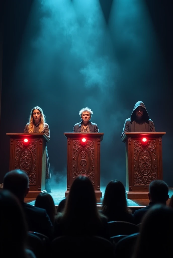 There are 3 psychic adults, Each one on a lectern with a red button in front to press if you know how to answer the question.