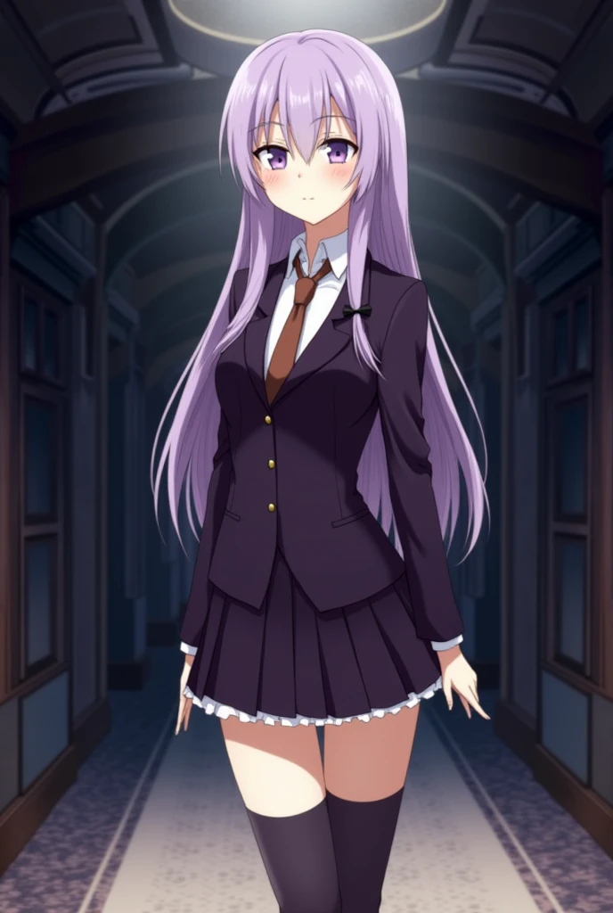 Kyoko Kirigiri from Danganronpa. Kyoko is a relatively tall, pretty girl with purple eyes and a pale complexion. She wears her lavender hair down and with a braid on the side, tied with a black ribbon. Her outfit consists of a dark purple collared jacket over a white blouse and brown tie, along with a short skirt and heeled knee-high boots. She blushes because you said you love her.