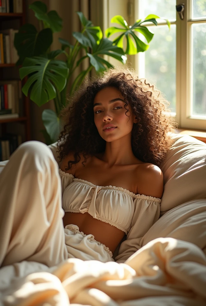 (photorealism:1.2), beautiful woman, sitting on bed, wearing loose off-shoulder top, pajama pants, long curly hair, indoors, soft lighting, plants in background, window with sunlight, cozy room, relaxed pose, realistic, intricate details, warm colors, by Greg Rutkowski, by Alphonse Mucha