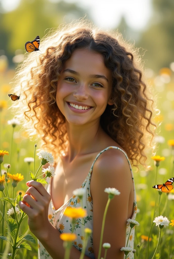 a white woman with curly hair with yellowish tips and brown eyes