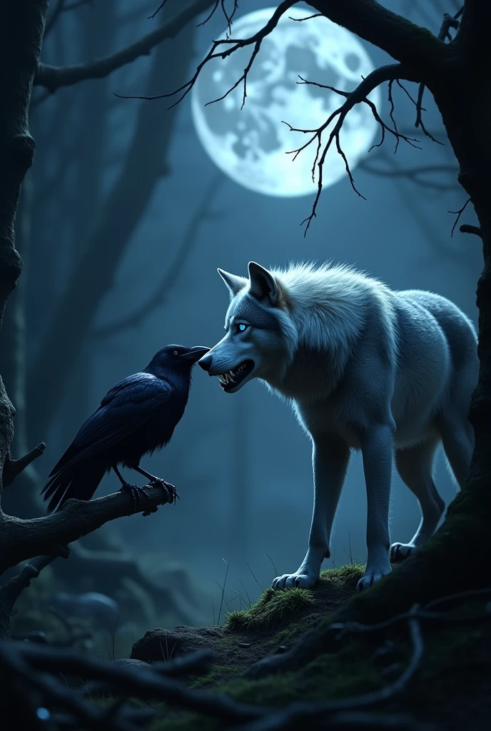 A blue-eyed wolf seen from the side in a dark environment and growling at the raven in front of him 