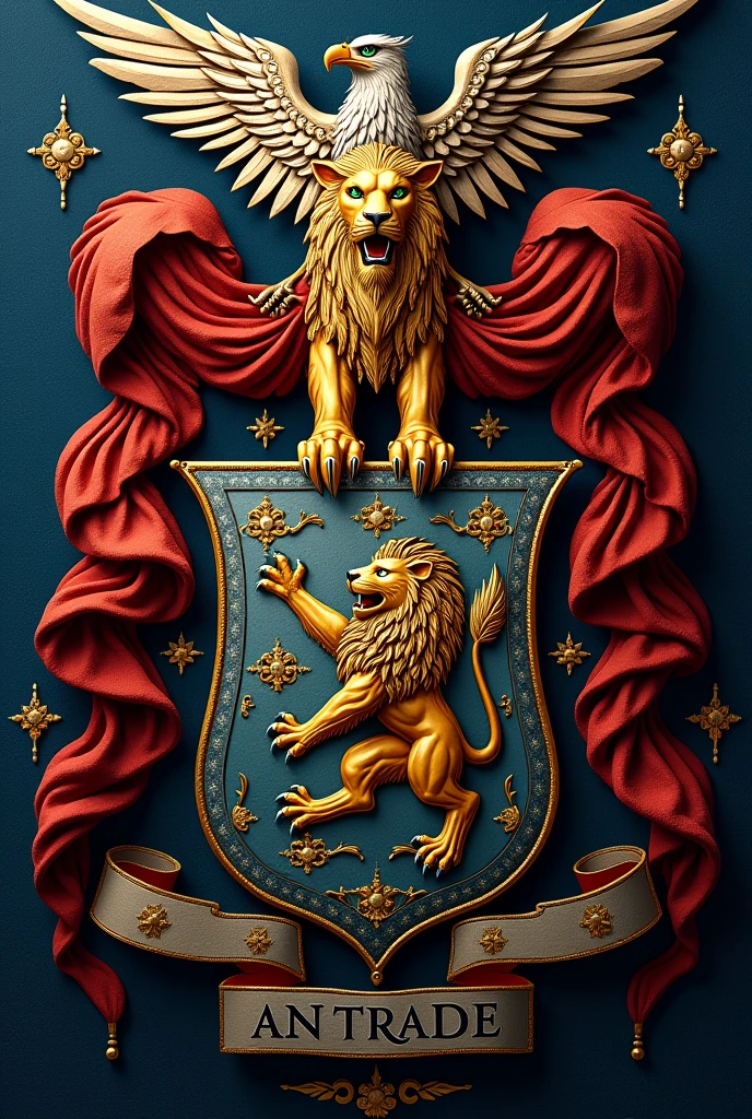 Create an Andrade Family Coat of Arms, with 4 elements: LION, EAGLE, SHIELD.
