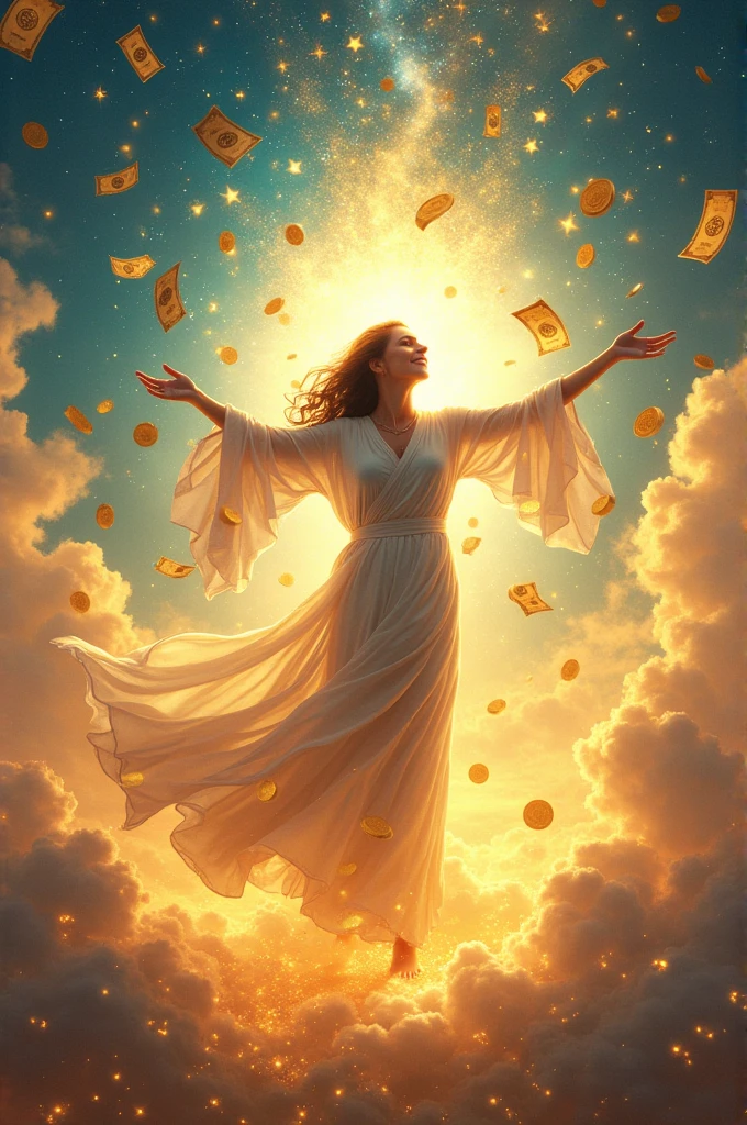 someone receiving gifts from the universe, represented by symbols of wealth.