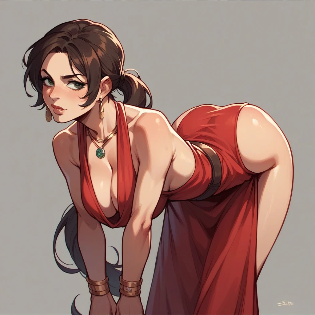 Busty lara croft bent over silk red dress jewelry