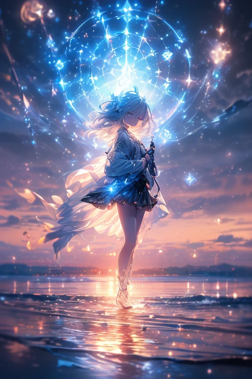 (masterpiece:1.5),ultra-detailed, 8K, High resolution, best quality, (depth of field:1.4), (parfect anatomy:1.2),
,,
(1girl), (solo), (from diagonal below), dutch angle, looking at viewer, (full body), (delicate beauty and cute girl), (16 years_old girl), (silver hair, extreme long hair, bangs, french braid), (blue eyes, fine detailed eyes), (serious look),
(small bast), (slender), (white jacket, long jacket, long sleeve, blue trimmed:1.3),
(black shirt, stand_up collar shirt), white vest, (white mini skirt:1.3), (white thigh-high socks), (white short boots),,
Use magic, Magic_circle Behind, (A magic staff held in both hands)、(Extending the magic staff forward:1.5), (Particles of light converging at the tip of the magic staff:1.5), (A sphere of light shining in the tip of the magic staff:1.4), cityscape, horizont, (lens flare:1.2),
(cinematic shadow),
(beautiful reflection:1.3),
(prismatic reflection:1.4),
(natural reflection:1.2),